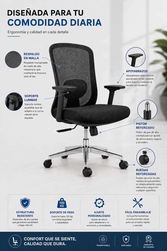 Supra B – Silla Ejecutiva con Mesh, Coderas Ajustables y Sin Cabecera | SILLARIS