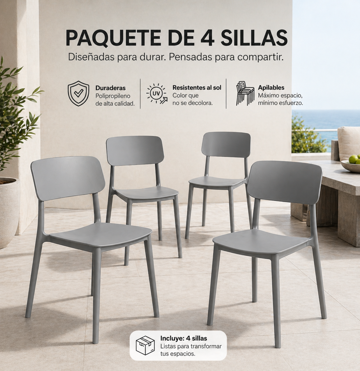 Astrix – Silla Multiusos en PP de Alto Impacto Virgen con Patas de PP| Paquete de 4 piezas | SILLARIS