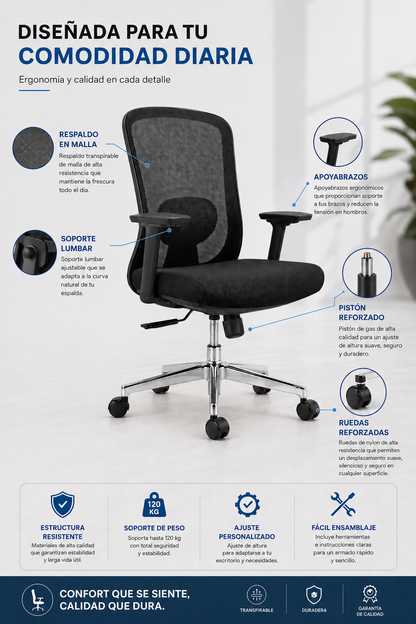 Supra B – Silla Ejecutiva con Mesh, Coderas Ajustables y Sin Cabecera | SILLARIS